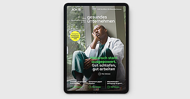 gesundes unternehmen Ausgabe 4-2026: Eine Person im Arztkittel ist sichtbar, sie macht Pause und schließt die Augen dabei. gesundes unternehmen Ausgabe 4-2026: Eine Person im Arztkittel ist sichtbar, sie macht Pause und schließt die Augen dabei.