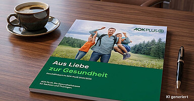 Geschäftsbericht 2025/2026 Auf einem Schreibtisch liegt ein Heft zum Geschäftsbericht 2025/2026 der AOK PLUS.