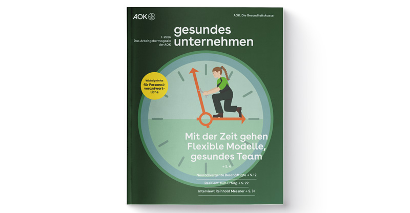 gesundes unternehmen Ausgabe 1-2026: Grafik zeigt Handwerkerin in großer Uhr, die auf dem Stundenzeiger steht gesundes unternehmen Ausgabe 1-2026: Grafik zeigt Handwerkerin in großer Uhr, die auf dem Stundenzeiger steht