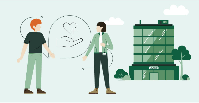 AOK-Mitglied werden: Illustration zeigt einen Mann und eine Frau mit Gebäude im Hintergrund. AOK-Mitglied werden: Illustration zeigt einen Mann und eine Frau mit Gebäude im Hintergrund.