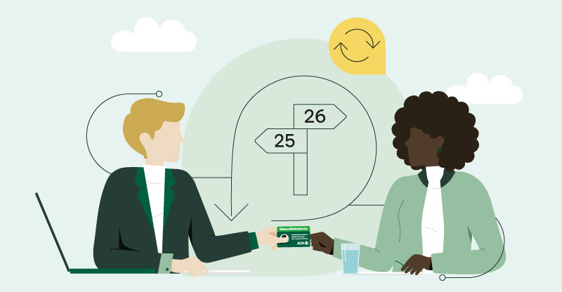 Neue Krankenkasse zum neuen Jahr: Grafik zeigt eine Person, die einer anderen Person die neue Versichertenkarte überreicht. Neue Krankenkasse zum neuen Jahr: Grafik zeigt eine Person, die einer anderen Person die neue Versichertenkarte überreicht.