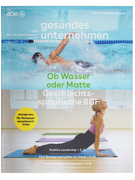 gesundes unternehmen Ausgabe 3-2025: Zweigeteiltes Bild zeigt oben einen Schwimmer und unten eine Frau beim Yoga gesundes unternehmen Ausgabe 3-2025: Zweigeteiltes Bild zeigt oben einen Schwimmer und unten eine Frau beim Yoga