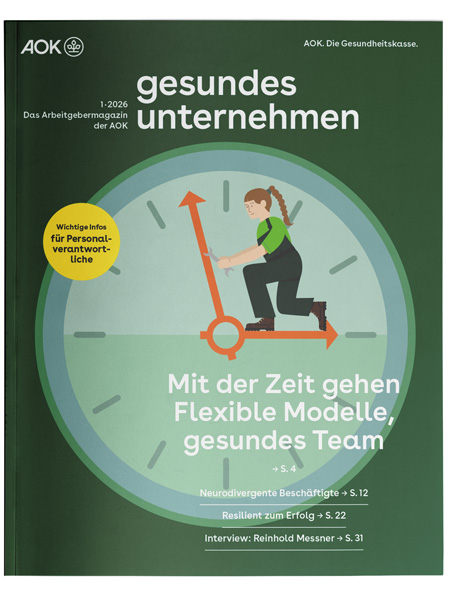gesundes unternehmen Ausgabe 1-2026: Grafik zeigt Handwerkerin in großer Uhr, die auf dem Stundenzeiger steht gesundes unternehmen Ausgabe 1-2026: Grafik zeigt Handwerkerin in großer Uhr, die auf dem Stundenzeiger steht