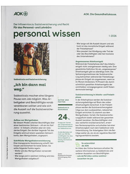 gesundes unternehmen – personal wissen 1-2026: Magazinseite mit kleinem Bild zeigt einen Mann, der in der Natur wandert gesundes unternehmen – personal wissen 1-2026: Magazinseite mit kleinem Bild zeigt einen Mann, der in der Natur wandert