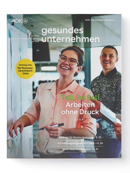gesundes unternehmen Ausgabe 3-2026: zwei Personen vor Whiteboard. gesundes unternehmen Ausgabe 3-2026: zwei Personen vor Whiteboard.
