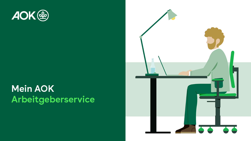 Illustration eines Mannes, der an einem Schreibtisch mit einem Laptop arbeitet. Links im Bild das Logo der AOK mit dem Text 'Mein AOK Arbeitgeberservice' auf grünem Hintergrund.