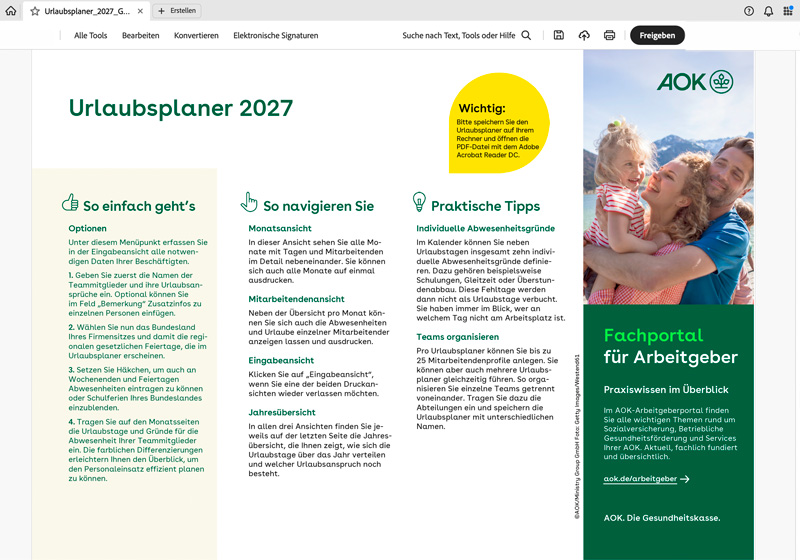 AOK-Urlaubsplaner 2027: Startseite
