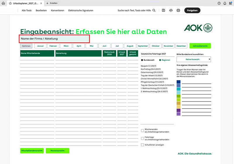 AOK-Urlaubsplaner 2027: Eingabe Abteilung