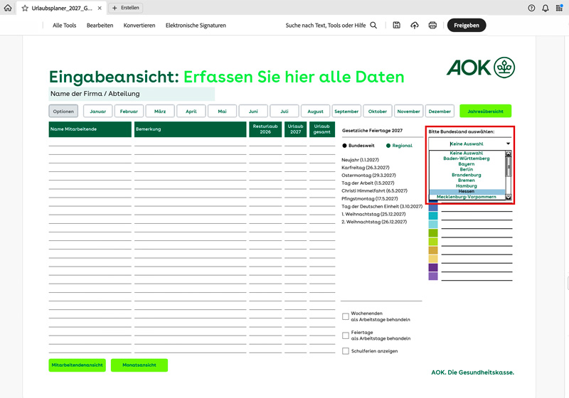 AOK-Urlaubsplaner 2027: Auswahl Bundesland