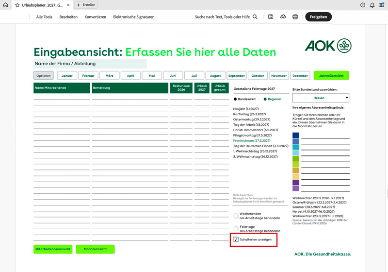 AOK-Urlaubsplaner 2027: Schulferien anzeigen