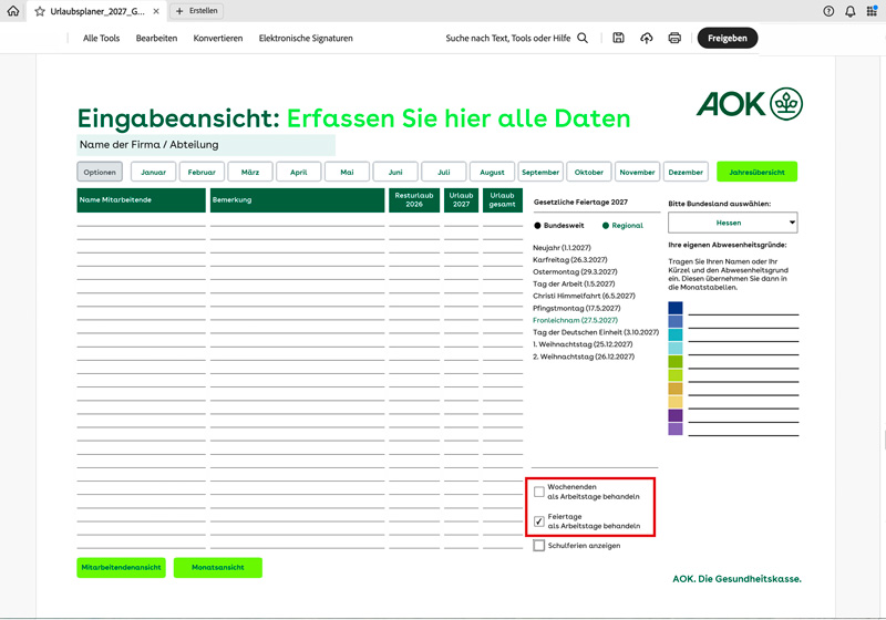 AOK-Urlaubsplaner 2027: Auswahl Feiertage