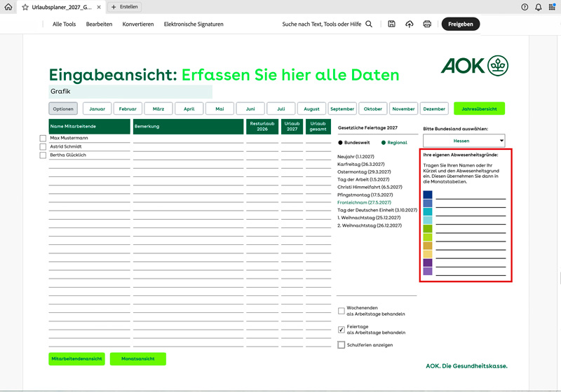 AOK-Urlaubsplaner 2027: Abwesenheitsgründe
