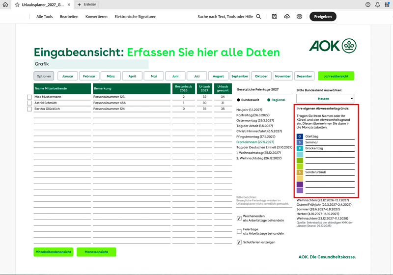 AOK-Urlaubsplaner 2027: Abwesenheitsgründe