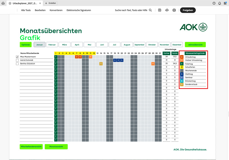 Urlaubsplaner 2027: Monatsübersicht Grafik