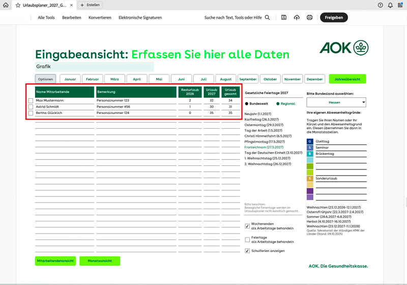 AOK-Urlaubsplaner 2027: Eingabe Mitarbeitende