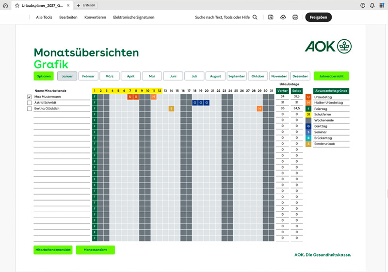 AOK-Urlaubsplaner 2027: Monatsübersicht