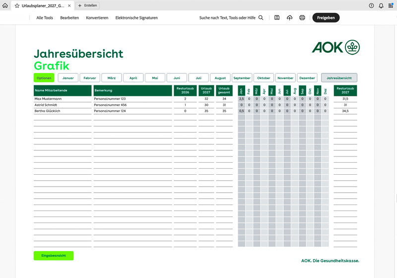 AOK-Urlaubsplaner 2027: Jahresübersicht