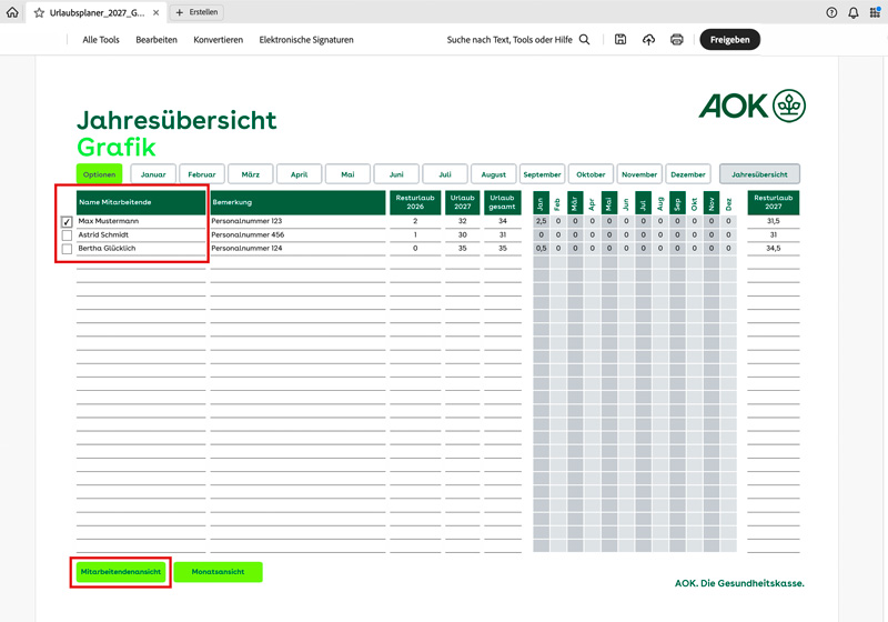 AOK-Urlaubsplaner 2027: Jahresübersicht