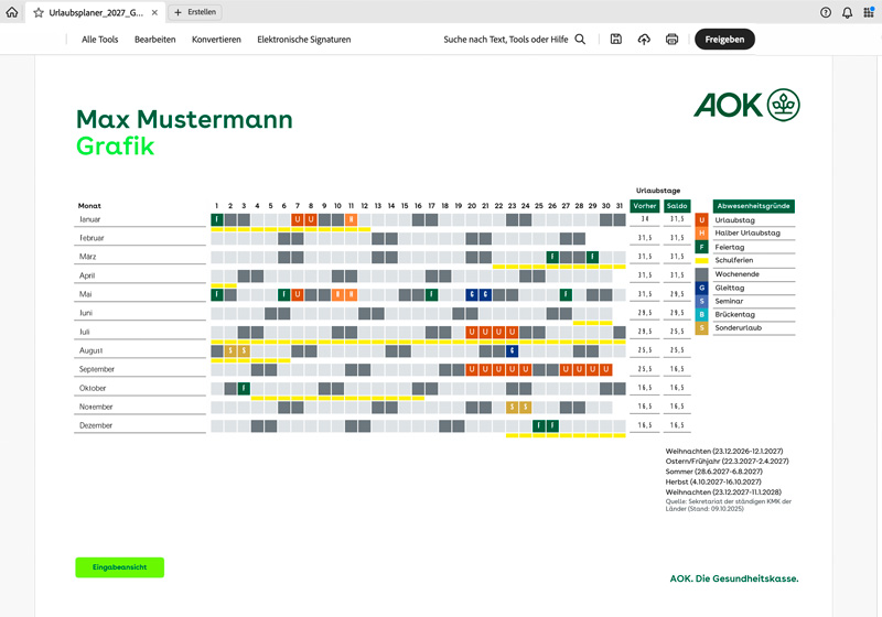 AOK-Urlaubsplaner 2027: Jahresübersicht Max Mustermann