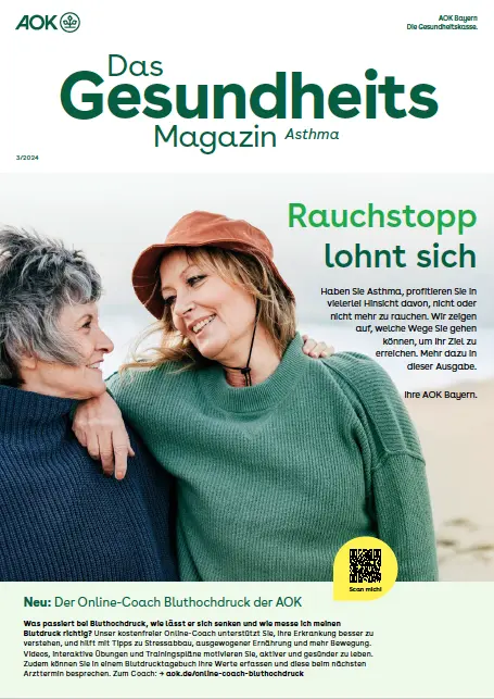 Titelseite AOK-Gesundheitsmagazin Asthma – Ausgabe 3/2024 der AOK Bayern