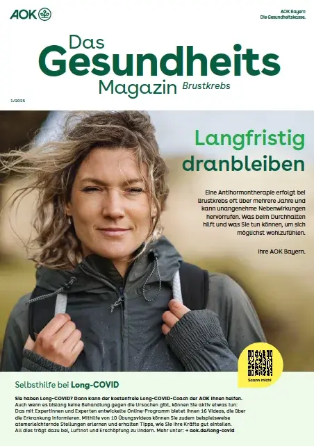 Titelseite AOK-Gesundheitsmagazin Brustkrebs – Ausgabe 1/2025 der AOK Bayern