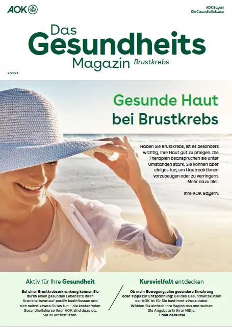 Titelseite AOK-Gesundheitsmagazin Brustkrebs– Ausgabe 2/2024 der AOK Bayern