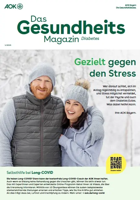 Titelseite AOK-Gesundheitsmagazin Diabetes – Ausgabe 1/2025 der AOK Bayern