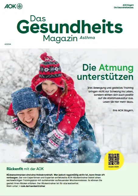 Titelseite AOK-Gesundheitsmagazin Asthma – Ausgabe 4/2024 der AOK Bayern