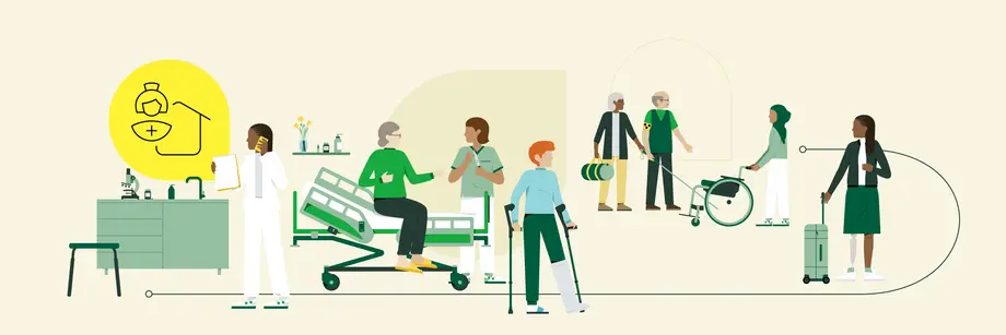 Illustration mit medizinischem Personal und Patienten in verschiedenen Situationen: Ärztin am Schreibtisch, Patient auf Krankenhausbett, Patient mit Krücken, Rollstuhlfahrer mit Begleitung, Person mit Koffer.