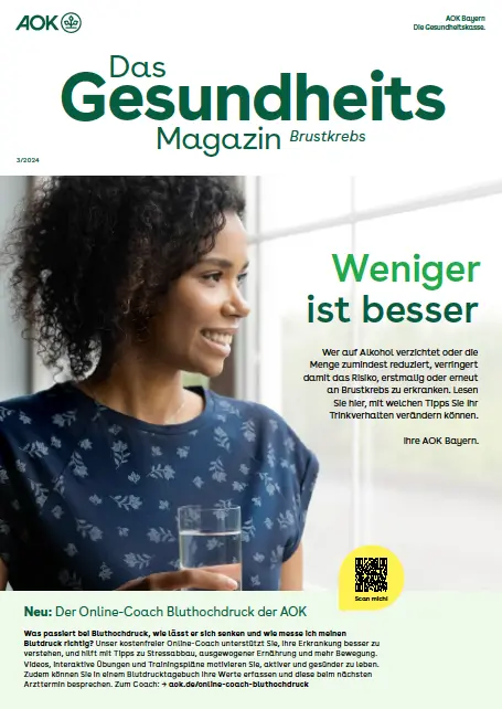 Titelseite AOK-Gesundheitsmagazin Brustkrebs – Ausgabe 3/2024 der AOK Bayern