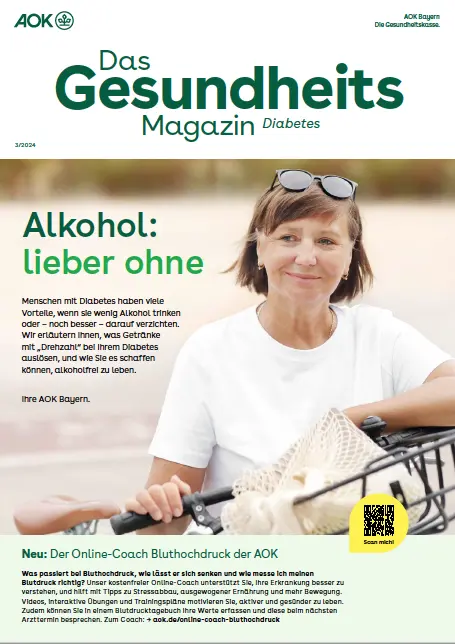 Titelseite AOK-Gesundheitsmagazin Diabetes – Ausgabe 3/2024 der AOK Bayern