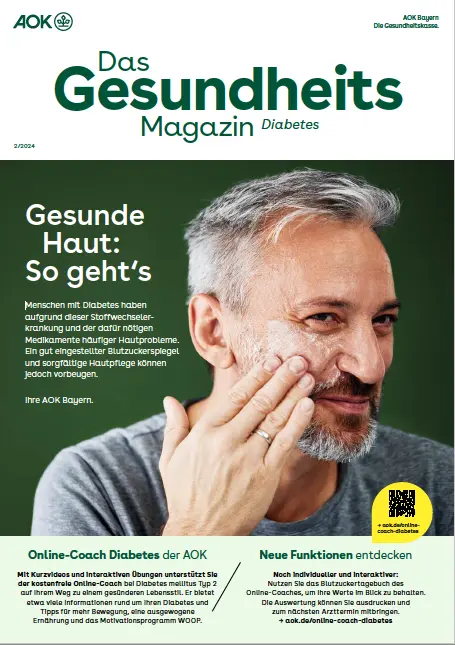 Titelseite AOK-Gesundheitsmagazin Diabetes – Ausgabe 2/2024 der AOK Bayern