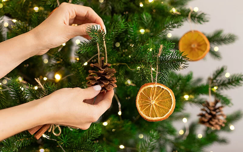 Frauenhände hängen Weihnachtsschmuck an einen Tannenbaum.