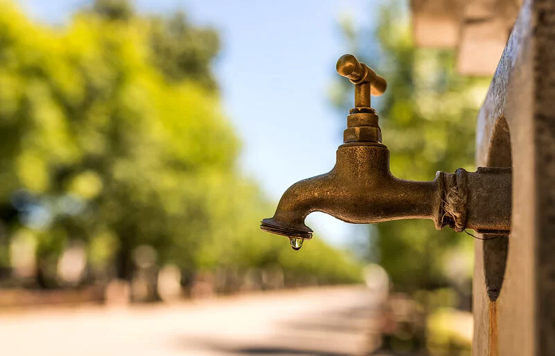 Abbildung eines öffentlich zugänglichen Wasserhahns, im Hintergrund befinden sich ein Weg und Bäume.