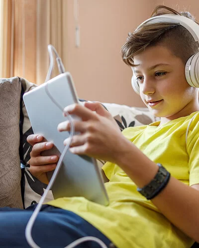 Ein Junge sitzt mit einem Tablet und Kopfhörern auf einem Sofa und schaut auf den Bildschirm.