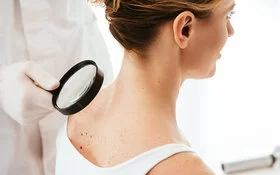 Ein Hautarzt untersucht bei einer Hautkrebs-Vorsorgeuntersuchung die Haut im Nackenbereich einer Patientin mit einer Lupe.