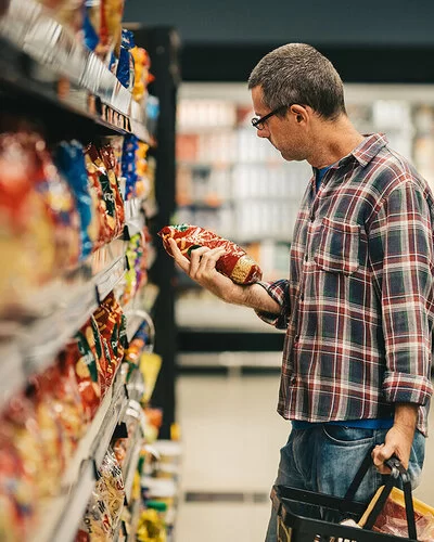 Ein Mann steht mit einem Einkaufskorb in einem Supermarkt vor einem Regal mit Knabberartikeln. Er hält eine Tüte Chips in der Hand und liest die Informationen auf der Verpackung.