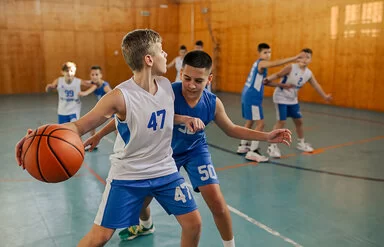 Mehrere Jungen einer Basketball-Mannschaft trainieren in einer Halle.