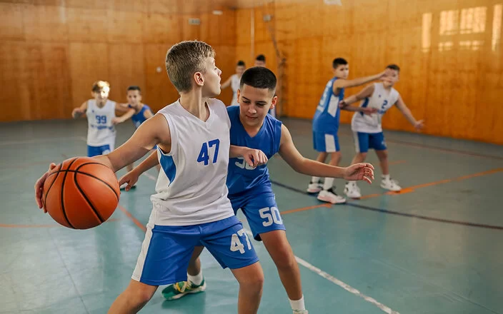 Mehrere Jungen einer Basketball-Mannschaft trainieren in einer Halle.