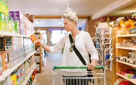 Eine Frau mit einem weißen Oberteil greift im Supermarktregal zu einer Packung Tee.