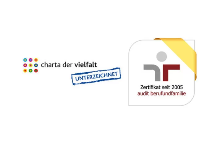 Das Logo Charta der Vielfalt und das Zertifikatssiegel audit berufundfamilie.