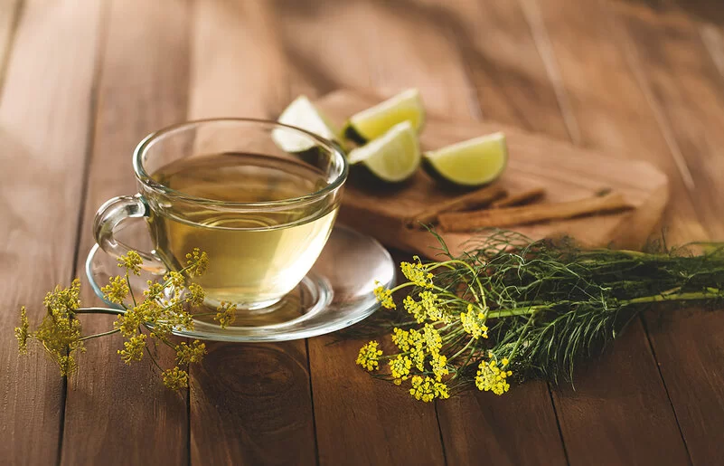 Eine Tasse Fencheltee steht auf einem hölzernen Untergrund. Daneben befinden sich Limettenviertel und Fenchelkraut.