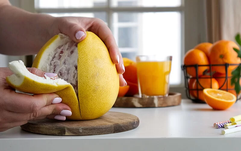 Nahaufnahme einer weiblichen Hand, die eine Pomelo schält.