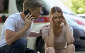 Eine junge Frau fasst sich vor Schmerzen an die Schläfen. Ihre Augen sind geschlossen. Neben ihr hockt ein junger Mann, der seine linke Hand auf ihre Schulter gelegt hat. Mit der rechten Hand hält er ein Handy an sein rechtes Ohr, um Hilfe zu rufen. Im Hintergrund sind verschwommen parkende Autos zu sehen.