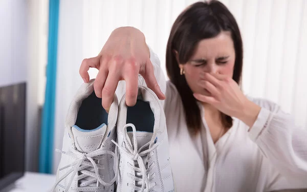 Eine Frau hält sich mit einer Hand die Nase zu und mit der anderen ein Paar Sportschuhe nach vorne.