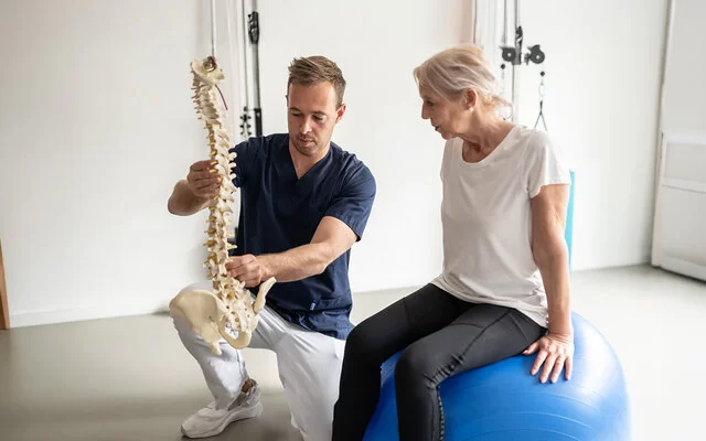 Eine ältere Frau sitzt in Sportkleidung auf einem Gymnastikball, ein Physiotherapeut erklärt ihr etwas anhand eines Skelett-Modells.