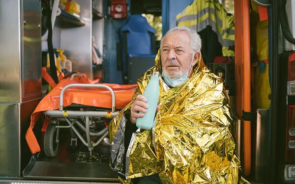 Ein älterer Mann sitzt in eine goldfarbene Wärmedecke gehüllt vor einem Krankenwagen und hält ein Heißgetränk in der Hand.