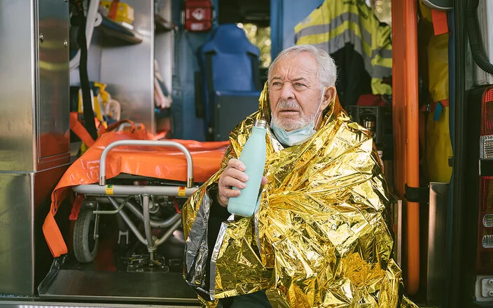 Ein älterer Mann sitzt in eine goldfarbene Wärmedecke gehüllt vor einem Krankenwagen und h�ält ein Heißgetränk in der Hand.