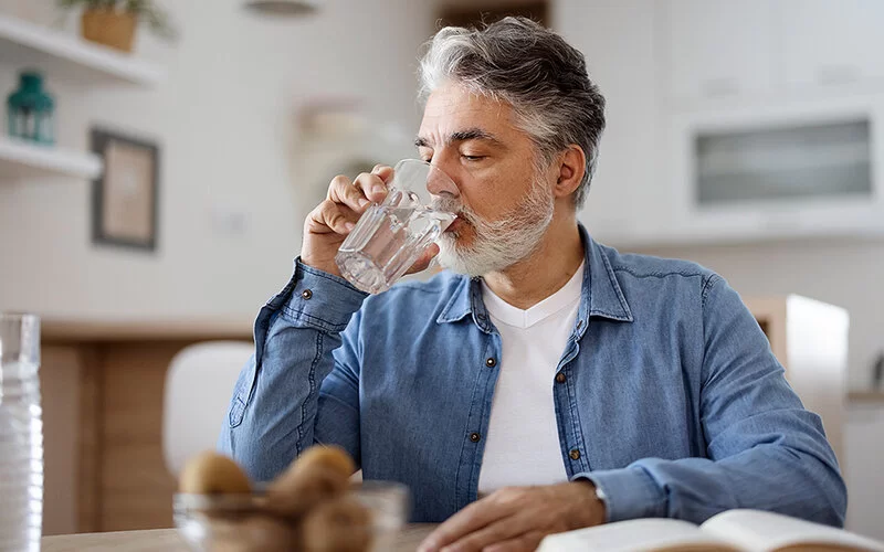 Ein Mann mit grauem Bart und grauen Schläfen in einem blauen Hemd sitzt in der Küche und trinkt Wasser aus einem Glas.