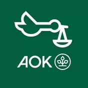 Auf einem grünen Hintergrund ist ein weißer fliegender Storch mit einem Sack im Schnabel abgebildet. Unten steht in weißer Schrift das Logo der AOK.